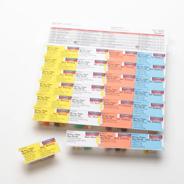 Dispill sample pack with color-coded labels and a detached medication cup