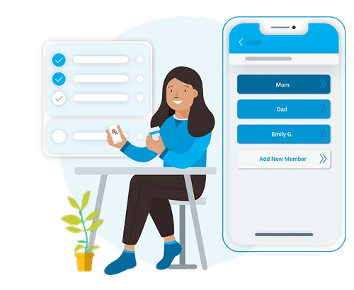 RxLocal app illustration showing family prescription management on a phone